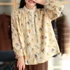 Johnature Print Flower O-neck Casual Loose Blouses Vintage Winter Women Tops Cotton Lace Mori Girls Shirts 210521