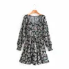 Women Vintage Cashew Printing V-Neck Slim Mini Dress Casual Femme Long Sleeve Clothes Vestido D6623 210430