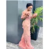 2022 Pink Aso Ebi Arabic Luxurious Lace Beaded Prom Dresses Mermaid Long Sleeves Evening Dresses Feather Formal Party Second Reception Gowns