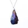 Natural Black Tourmaline electroplated Peacock Blue Feather Flame Art Pendant Crystal Cluster Specimen Rainbow Titanium Necklace