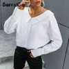 Berryo V Neck White Backless Chain Women Blus Skjortor Långärmad Botton avviker krage toppar Eleganta vårblus Ladies 210326