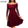 Frau Kleider Langarm Slash Neck Hochzeit Party Tragen Casual A-linie Sexy Rot Schwarz Weiß Spitzenkleid Plus Größe S-3XL 210319