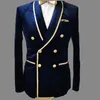 2 sztuka Navy Velvet Casual Men Garnitury z podwójnym breaded Slim Fit Gold Tune Ślub Tuxedo Man Fashion Groom Ubrania 2020 x0909