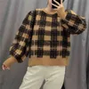Streetwear Women O-Neck Sweaters Fashion Ladies Plaid Knitted Tops Causal Female Chic Puff Sleeve Loose Pullovers 210430
