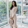 Herbst Winter Einfarbig Bodenbildung Gestricktes Kleid Frauen Büro OL Elegante Elastische Bodycon Meerjungfrau Kleider Vestidos 210529