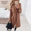 Autumn/winter Fashion Strap Lapel Coat Long Women Cashmere Thick Oversized Outwears Adjustable Waist 12645 210528