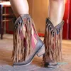 Lange Quaste Ritter Stiefel Frauen Western Boot Winter Ethnische High Heel Casual Schuhe Dame Stilvolle Retro Fringe Spitz Boot Cowboy 9 Y200114