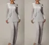 Silver Chiffon Summer Mother Of the Bride Pant Suits Two Pieces Long Sleeves Plus Size Wedding Mothers Guest Dress Custom Made7670021