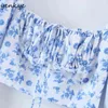 Moda Mulheres Doce Floral Impressão Crop Top Sexy Quadrado Pescoço Manga Longa Feriado de Verão Tops Vintage Blusas 210430