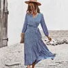 Frühling Herbst Lange Bandage Print Kleid Für Frauen V-ausschnitt Volle Hülse Hight Taille Winter Maxi Kleider Damen Elegante 220311