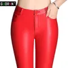 Высокие талии кожаные брюки женские PU леггинсы красный плюс размер зимний теплый тонкий тонкий повседневный карандаш брюки женские брюки 210519