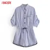 タンガダファッション女性ストライププリント夏のプレイスーツ半袖ポケットボタン女性ビーチプレイスーツQN138 210609