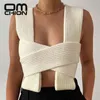 OMCHION Pull Primavera Estate Arco Croce Strap Maglia Maglione Maglia Donna Sexy Crop Top Cravatta Fai da te Abbigliamento Maglione senza maniche LN08 210819