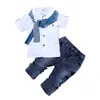 2-7 Anos Crianças Roupas Boys Outfit Verão Roupas Crianças Menino Define Algodão de Manga Curta O-Pescoço Tops + Jeans + Lenço Fato de Bebê 210326