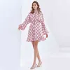 TWOTWINSTYLE Print Hit Color Mini Dress For Women Stand Collar Lantern Sleeve High Waist Lace Up Plaid Dresses Female Fashion 210517