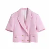 Blazer corto da donna in tessuto testurizzato rosa Za Spring Elegante blazer da donna a maniche corte con maniche corte da donna Top doppio bottone 210602