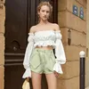 Pantalones cortos sueltos casuales verdes para mujeres de cintura alta bolsillos de remiendo pantalones cortos rectos ropa de moda de verano femenina 210521