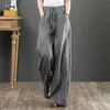 Women Vintage Linen Cotton Trousers Summer Casual Drawstring Long Pants High Waist Pockets Loose Wide-leg Female Plus Size 210522