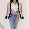 Kadın Örgü Kadın Tees Qingwen Y2K Kore Moda Retro Kontrast Renk V Yağlık Sıradan Altın Tokalı Örme Kazak hırka