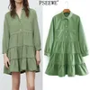 Mini abito verde con volant Donna Primavera Moda Tasche Colletto Manica lunga Donna Casual Corto es 210519