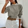 Autumn Winter Knitted Ribbed Grey Lace Parchwork Shirt Long Sleeve Casual Basic Spring Collar Blouses Gray Shirts Blusa 210507