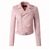 Fermeture à glissière PU Veste en cuir Court Rose Vestes de moto avec ceinture classique de base printemps femmes faux vêtements d'extérieur 210430