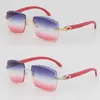 Selling Rimless Red Wood C Decoration Vintage Luxury Sunglasses Square shape face Carving Lens Unisex driving glasses 18K gold met233O