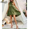 Stand Collar Frill Trim Solid Mini Dresses Summer Loose Casual Women Sleeveless High Low Dress Vestidos Clothing 210510