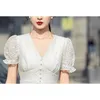 Arrival Summer French White Lace Hollow Out Dress Women's Temperament Mid-Length Sexy Split Mermaid Dresses 210520