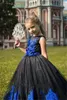 Robes de filles de fleur noires vintage appliquées dentelle bleu royal longue petite fille enfant en bas âge enfants robes de première communion robe de fête d'anniversaire mignonne tenue de concours