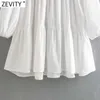 Zevity femmes doux col en V couleur unie popeline décontracté robe droite Chic Femme lanterne manches plis robe plage tissu DS4961 210603