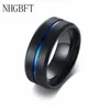 خواتم الزفاف NHGBFT 8MM خاتم أسود عريض مع أخدود أزرق من الفولاذ المقاوم للصدأ
