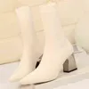 2021 Women Stretch Boots 7cm High Heels Fetish White Sock Ankle Boots Stripper Low Block Heels Warm Plush Autumn Winter Shoes Y1105