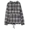 Women Hooded Pullover Thick Gray Black White Plaid Pocket Autumn Winter H0070 210514