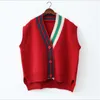 Female Fashion Loose Vest V-neck Button Sweater Open Stitch Casual Striped Cardigan 210817