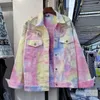 Kvinnors Jackor Streetwear Fashion Diamond Tie Dye Denim Jacka Kvinnor Casual Ytterkläder Chaqueta Mujer Loose Långärmad Kort Jeans Coat