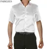 Heren korte mouwen gladde zijde satijn shirt merk slim fit korte mouw smoking shirt mannen zakelijke mannelijke casual shirt whit 210522