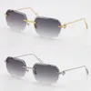 2021ファッションメタルダイヤモンドカットレンズサングラスUV400保護リムレス18Kゴールド男性と女性サングラスシールドレトロなデザイン眼鏡フレーム男性