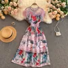 Mulheres moda retro uma linha vestido redondo pescoço laço bordado bordado frisado encaixe elegante manga curta vintage vestidos R288 210527