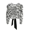 Kvinnor Zebra-Stripe Print Puff Sleeve Kort skjorta Vintage Femme Back Fork Bow Blus Casual Lady Loose Toppar Smock Blusas S8012 210317