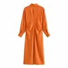 Kvinnor pläterad tröja klänning mode långärmad knapp-upp sida dragkedja chic lady casual midi klänningar kvinna robe 210709