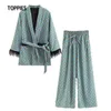 Vintage blå tryckt kimono jacka med fjäder ärmar breda ben lös cuasal två stycken uppsättning kvinnliga homewear 210421