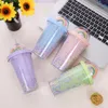 401-500ml Acrílico Skinny Tumblers Matte Colors Double Wall Tumbler Café Beber Plástico Copo Sippy com palhas Tampa Arco-íris Bolas Caneca Presente de Natal