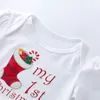 4枚の木材の服装プリント長袖サンタクローススノーフレークスカート弓帽子の靴下クリスマス服セット41yk K2