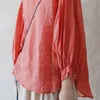 Johnature Cotton Linen Solid Color Retro O-neck Button Lantern Sleeve Shirt Autumn Loose Plus Size All-match Women Tops 210521