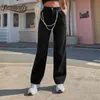 Benuynffy Zipper Fly Pockets Black Wide Leg Jean Autumn Winter Casual Streetwear Ladies High Waist with Chain 210629