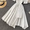 Neploe Women White Dress Square Collar Puff Sleeve Nieregularne Suknie Summer Summer Ratsstring Vestidos Ruffles Slim Beach Midi Robe 210422