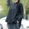 Vårkonst Stil Kvinnor Långärmad Stativ Collar Loose Shirts Knapp Design Bomull Linen Vintage Blus Plus Size V165 210512