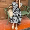 Kvinnor Klänning Sommar Koreansk Vesten Oljemålning Tillbaka Hollow Out Vestidos O Neck Fashion Puff Sleeve Midi Dresses 210519