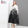 Schilderij stijl vrouw zomer lange mouw zwart en wit gedrukt shirt jurk stropdas dye plus size midi casual gewaad femme 3400 210623